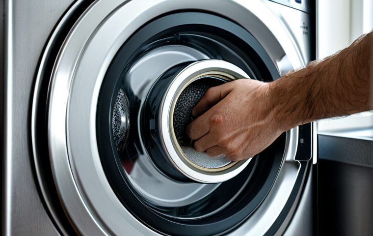 세탁기 청소 주기와 방법 - **

"A cheerful woman cleaning her washing machine with a cloth and spray bottle in a bright, modern...