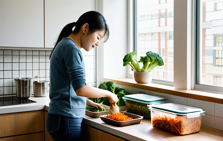 남은 음식 재활용 레시피 - Image Prompt 1: The Eco-Conscious Kitchen & Smart Storage**