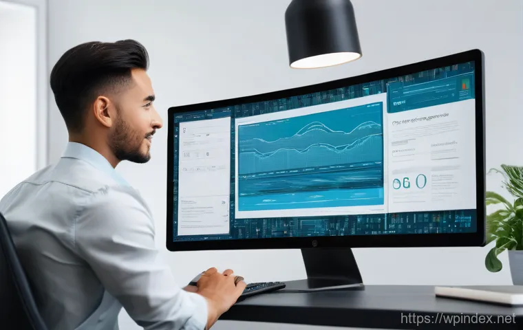 워드프레스 JavaScript 번들 크기와 인터랙션 지연 상관관계 - A person, moderately dressed in smart casual attire, sits at a desk with a look of intense frustrati...