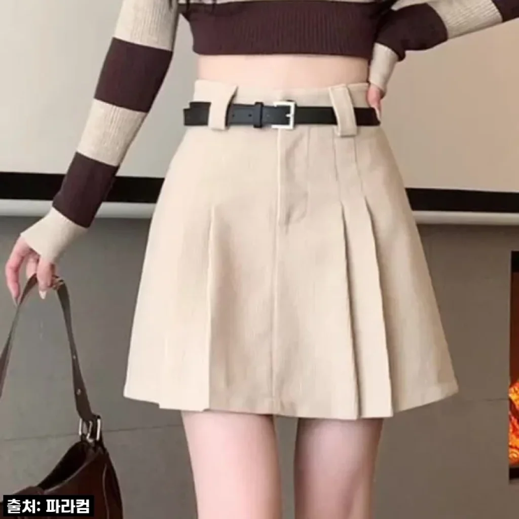 코듀로이 미니스커트 하이웨이스트 플리츠 디자인 가을 겨울용 쁘띠 A라인 스타일 노출 방지 기능성 여성 따뜻하고 편안한 착용감