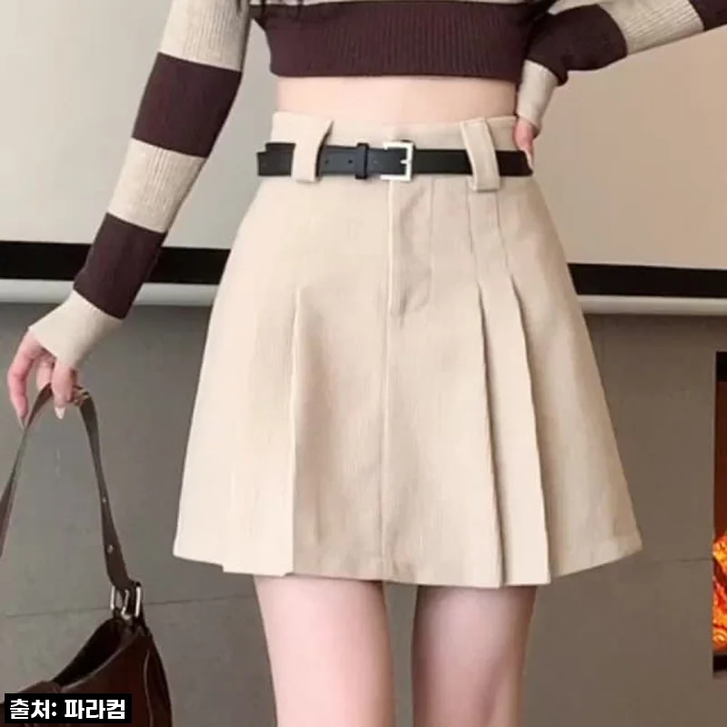 코듀로이 미니스커트 하이웨이스트 플리츠 디자인 가을 겨울용 쁘띠 A라인 스타일 노출 방지 기능성 여성 따뜻하고 편안한 착용감