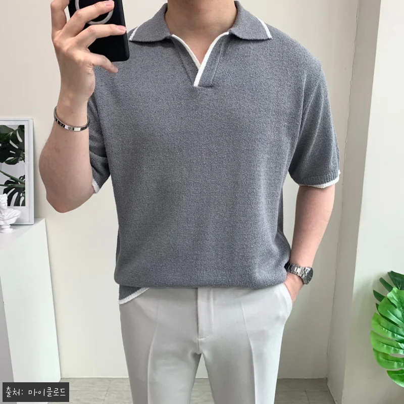 남자 오픈카라 반팔니트 세미오버핏티셔 관련 이미지 3