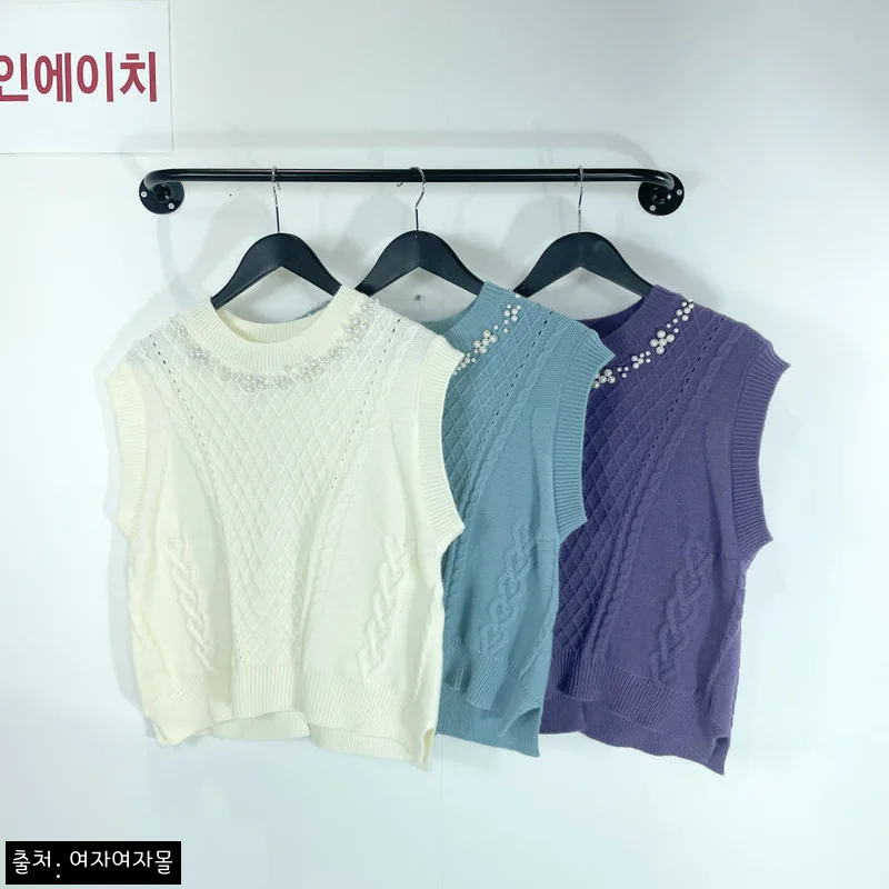 Home 74 여자여자몰 진주부착 라운드넥 다이아패턴 뒷트임 니트조끼, 겨울 레이어드룩에 포인트 더하는 이너베스트