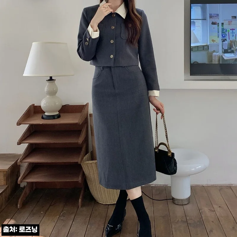 크롭자켓 롱스커트 투피스세트 그레이, 데이트&middot;하객룩으로 눈여겨볼 이슈템