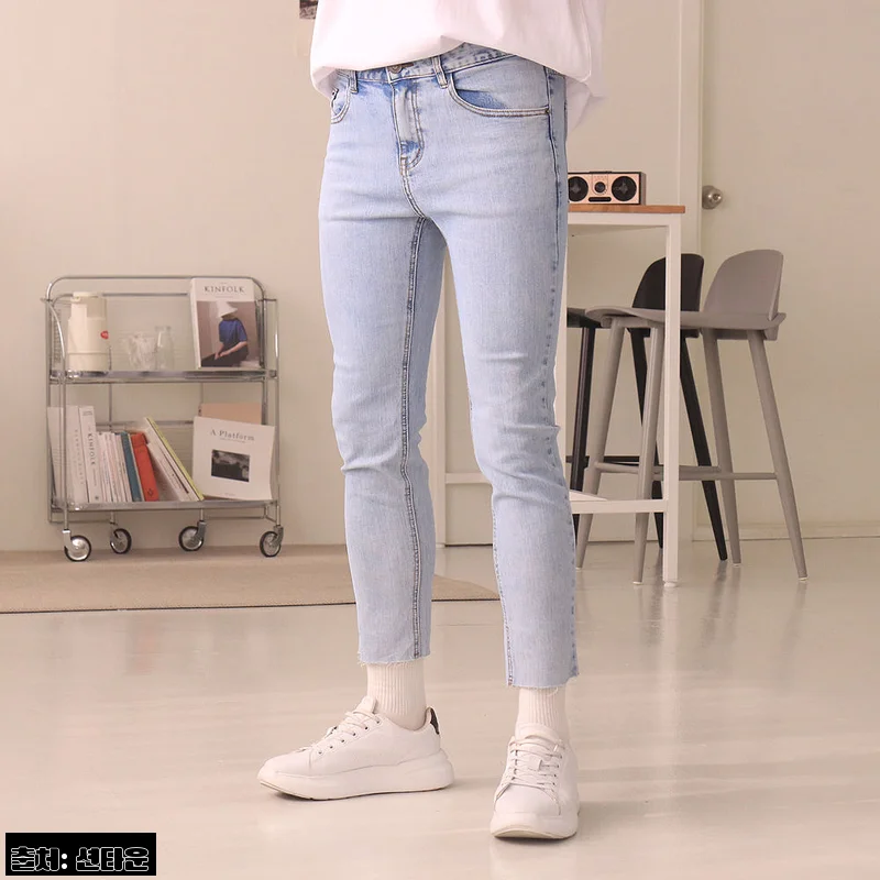 남자청바지 슬림핏 컷팅 데님진, 2만원대 9부 데님으로 데일리룩 완성하기